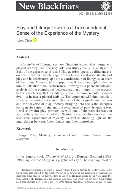 First page of “Play and Liturgy Towards a Transcendental Sense of the Experience of the Mystery”