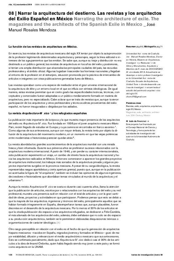 First page of “Narrar la arquitectura del destierro. Las revistas y los arquitectos del Exilio Español en México = Narrating the architecture of exile. The magazines and the architects of the Spanish Exile in Mexico”