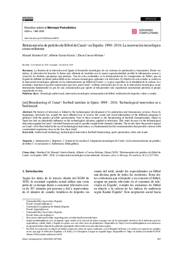 First page of “Retransmisión de partidos de fútbol de Canal+ en España: 1990 - 2016. La innovación tecnológica como referente”