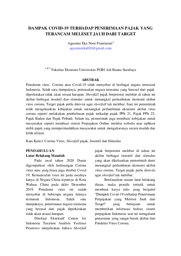 First page of “DAMPAK COVID-19 TERHADAP PENERIMAAN PAJAK YANG TERANCAM MELESET JAUH DARI TARGET”