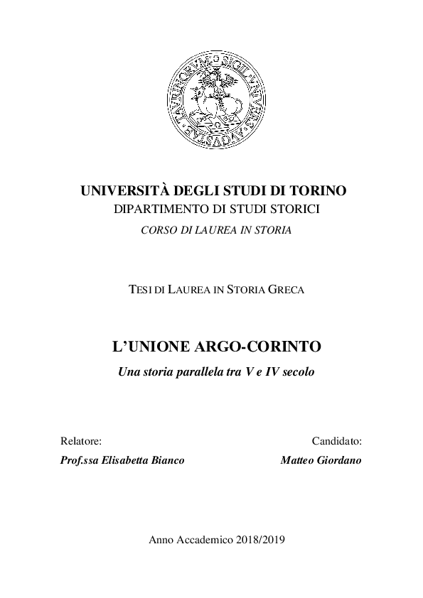 First page of “L'Unione Argo-Corinto.
Una storia parallela tra V e IV secolo”