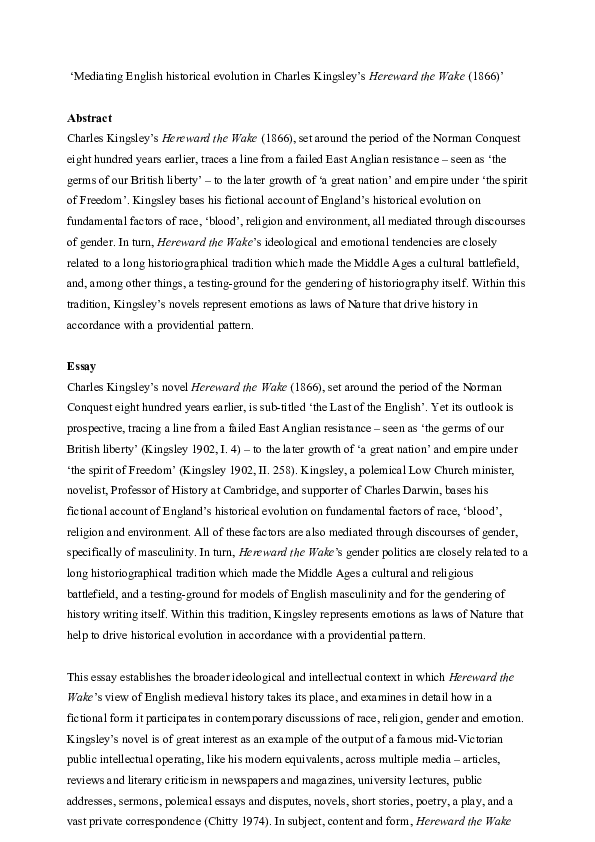 First page of “Mediating English historical evolution in Charles Kingsley’s Hereward the Wake (1866). (Prepublication)”