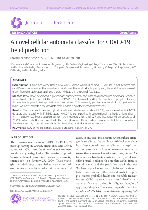 First page of “A novel cellular automata classifier for COVID-19 trend prediction”