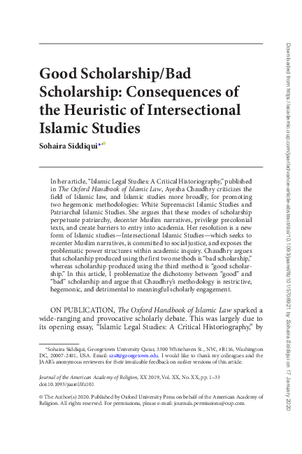 First page of “Good Scholarship/Bad Scholarship: Consequences of the Heuristic of Intersectional Islamic Studies”