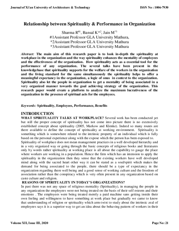 First page of “Relationship between Spirituality & Performance in Organization”