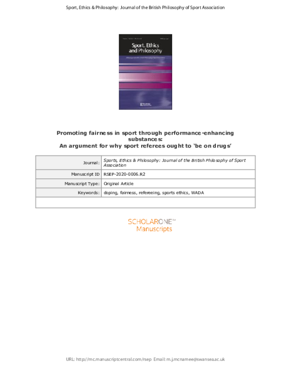 First page of “Promoting fairness in sport through performance-enhancing substances: An argument for why sport referees ought to 'be on drugs' Promoting fairness in sport through performance-enhancing substances: An argument for why sport referees ought to 'be on drugs'”