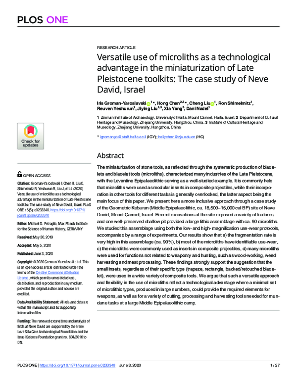 First page of “Versatile use of microliths as a technological advantage in the miniaturization of Late Pleistocene toolkits: The case study of Neve David, Israel”