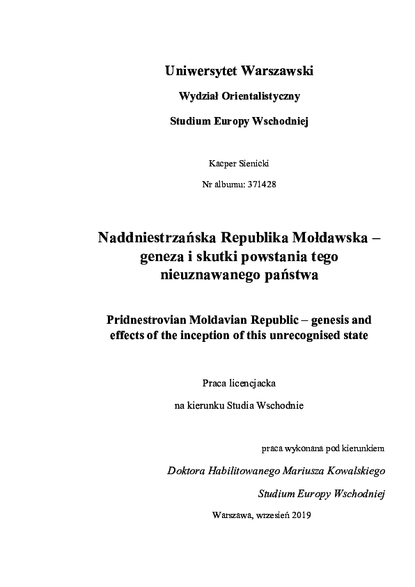 First page of “Naddniestrzańska Republika Mołdawska – geneza i skutki powstania tego nieuznawanego państwa”