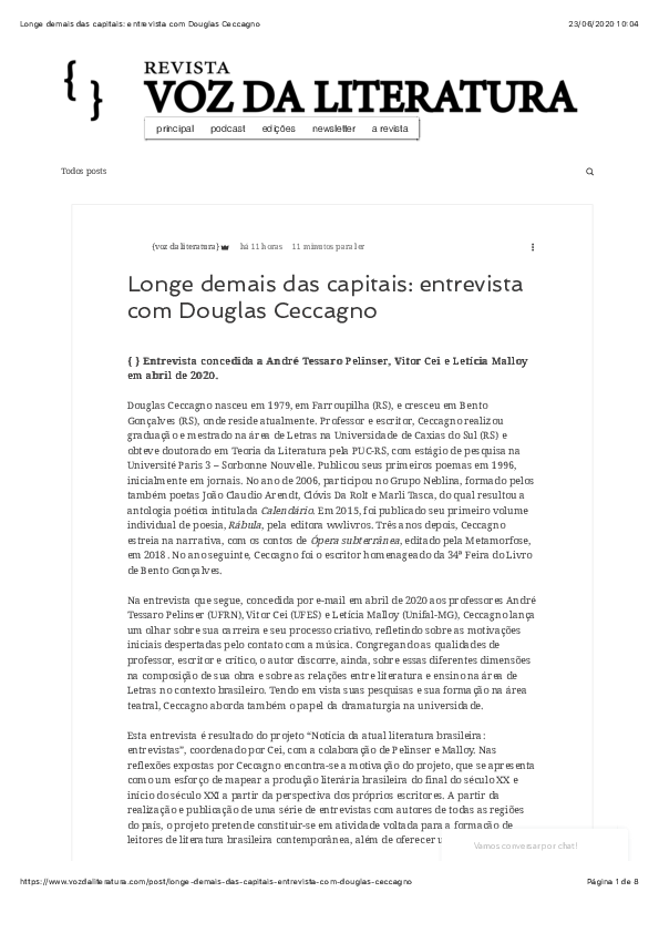 First page of “Longe demais das capitais: entrevista com Douglas Ceccagno”