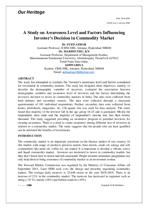 First page of “A Study on Awareness Level and Factors Influencing Investor's Decision in Commodity Market”