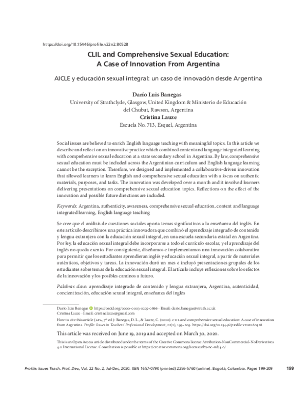 First page of “CLIL and Comprehensive Sexual Education: A Case of Innovation From Argentina”