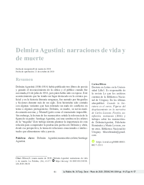 First page of “Delmira Agustini: narraciones de vida y de muerte”