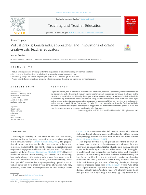 First page of “Virtual praxis: Constraints, approaches, and innovations of online creative arts teacher educators”