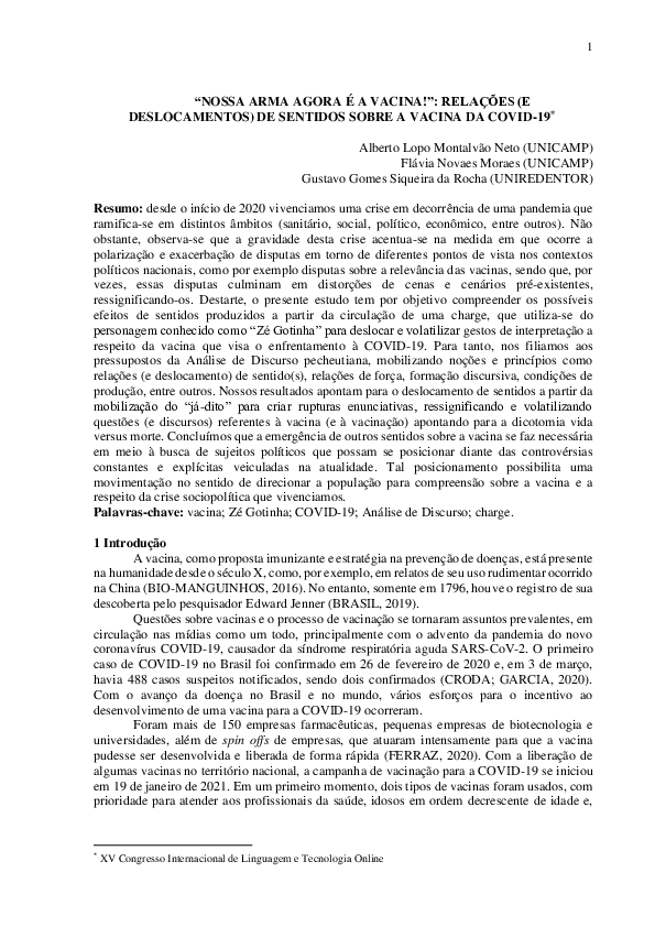 First page of “"NOSSA ARMA AGORA É A VACINA!": RELAÇÕES (E DESLOCAMENTOS) DE SENTIDOS SOBRE A VACINA DA COVID-19”