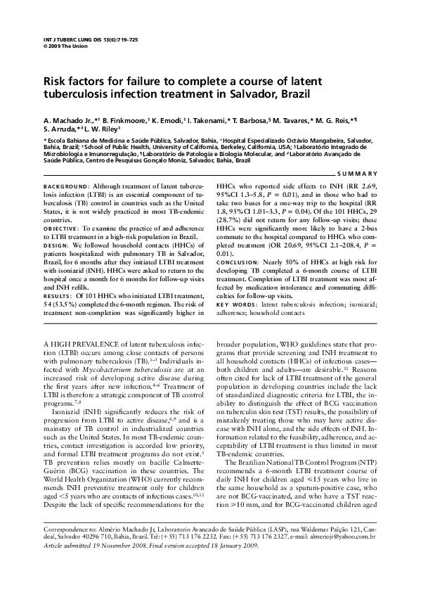 First page of “Risk factors for failure to complete a course of latent tuberculosis infection treatment in Salvador, Brazil”