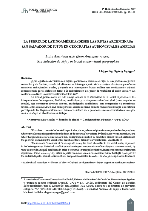 First page of “La puerta de Latinoamérica (desde las rutas Argentinas): San Salvador de Jujuy en geografías audiovisuales amplias”