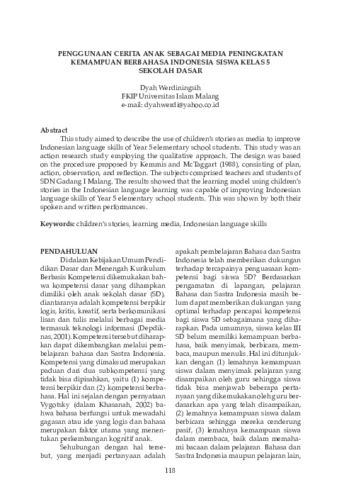 First page of “Penggunaan Cerita Anak Sebagai Media Peningkatan Kemampuan Berbahasa Indonesia Siswa Kelas 5 Sekolah Dasar”