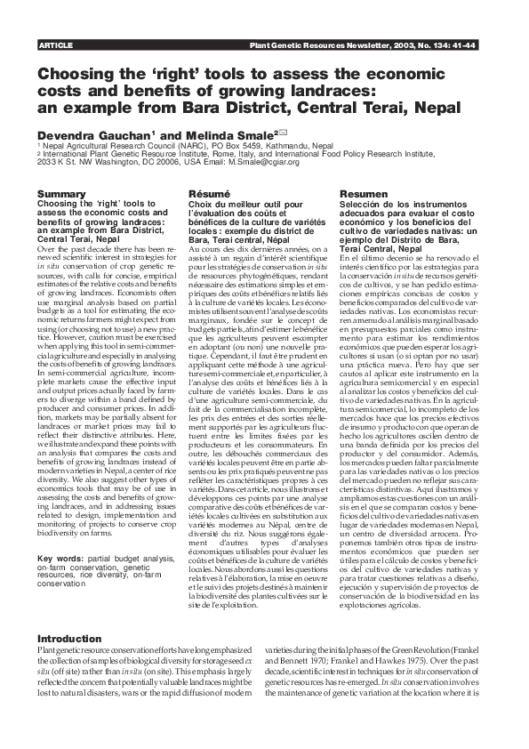 First page of “Choosing the" right" tools to assess the economic costs and benefits of growing landraces: an example from Bara District, Central Terai, Nepal”