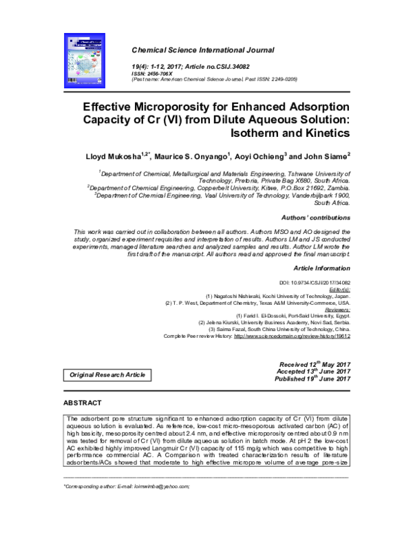 First page of “Effective Microporosity for Enhanced Adsorption Capacity of Cr (VI) from Dilute Aqueous Solution: Isotherm and Kinetics”