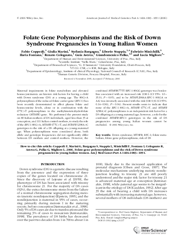 First page of “Folate gene polymorphisms and the risk of Down syndrome pregnancies in young Italian women”