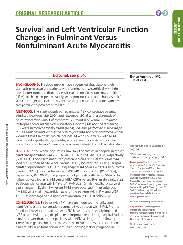 First page of “Survival and Left Ventricular Function Changes in Fulminant Versus Nonfulminant Acute Myocarditis”