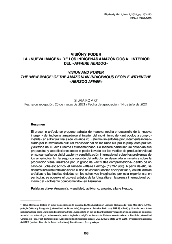 First page of “Vision y poder. La nueva imagen de los indigenas amazónicos en el «Affaire Herzog»”