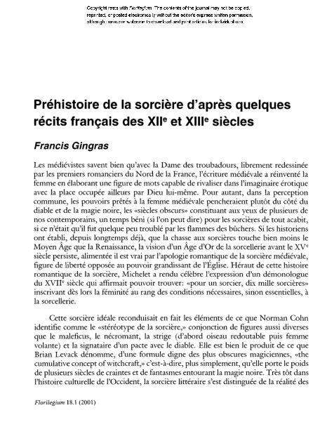 First page of “Préhistoire de la sorcière d'après quelques récits français des XIIe et XIIIe siècles”