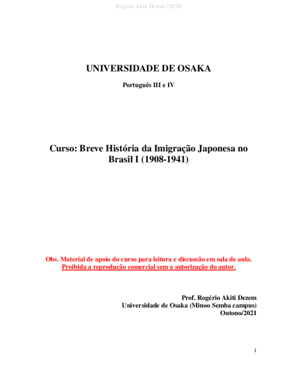 First page of “Material de apoio do Curso de História da Imigração Japonesa no Brasil I (2021)”