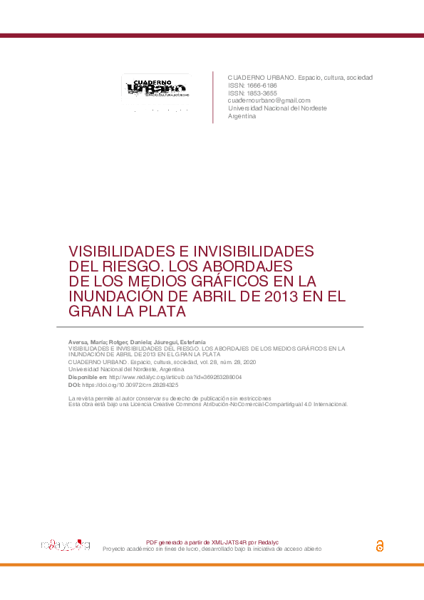 First page of “Visibilidades e invisibilidades del riesgo: los abordajes de los medios gráficos en la Inundación de abril de 2013 en el Gran La Plata”