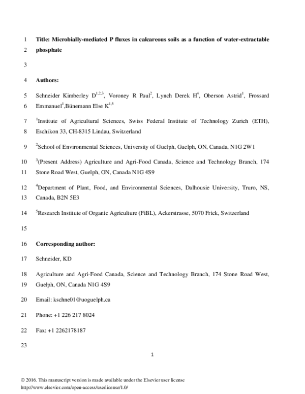 First page of “Microbially-mediated P fluxes in calcareous soils as a function of water-extractable phosphate”