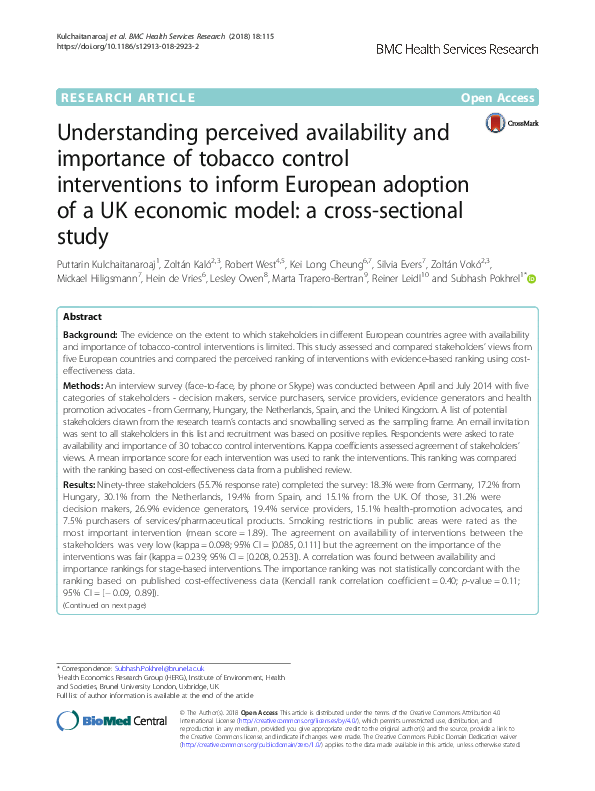 First page of “Understanding perceived availability and importance of tobacco control interventions to inform European adoption of a UK economic model: a cross-sectional study”