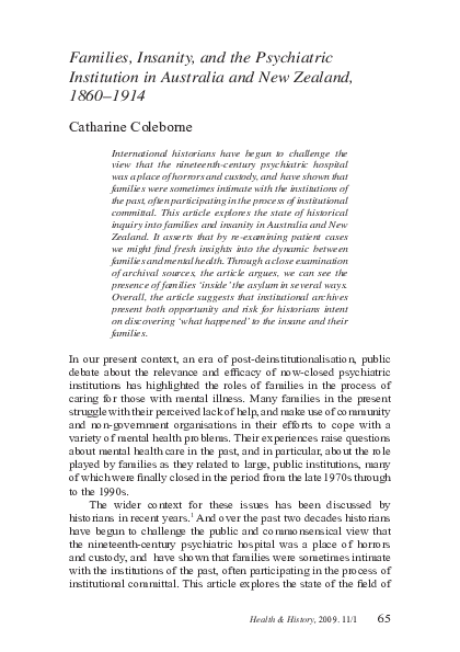 First page of “Families, Insanity, and the Psychiatric Institution in Australia and New Zealand, 1860-1914”