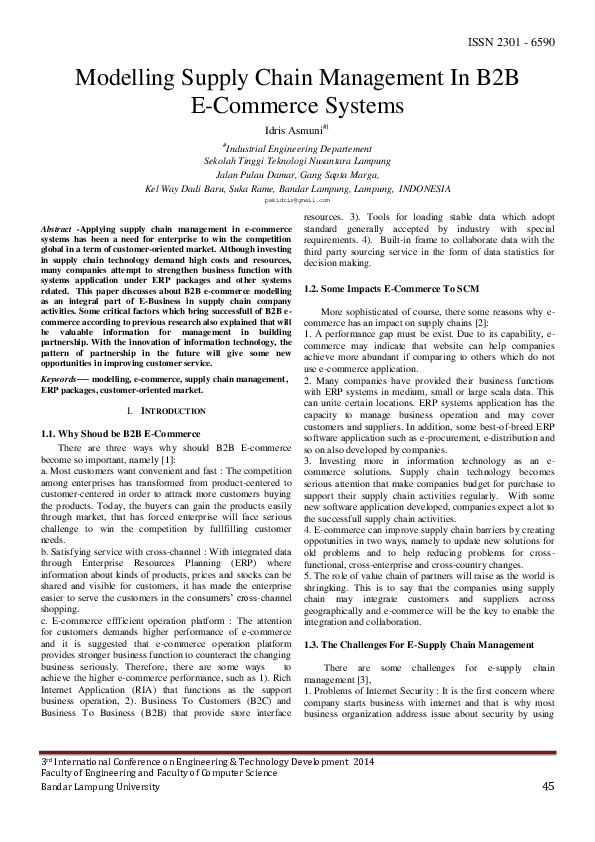 First page of “Modelling Supply Chain Management in B2B E-Commerce Systems”