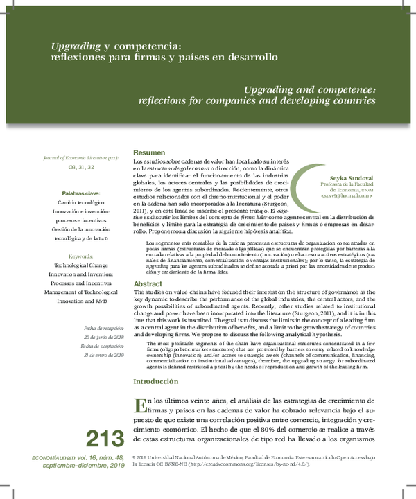 First page of “Upgrading y competencia: reflexiones para firmas y países en desarrollo / Upgrading and competence: reflections for companies and developing countries”