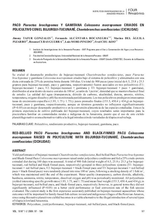 First page of “PACO Piaractus brachypomus Y GAMITANA Colossoma macropomum CRIADOS EN POLICULTIVO CON EL BUJURQUI-TUCUNARÉ, Chaetobranchus semifasciatus (CICHLIDAE)”