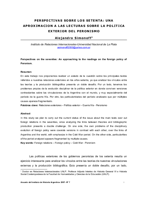 First page of “Perspectivas sobre los setenta: una aproximación a las lecturas sobre la política exterior del peronismo”