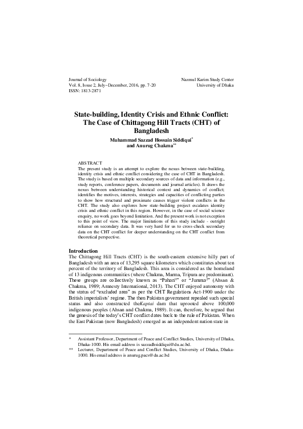 First page of “State-building, Identity Crisis and Ethnic Conflict: The Case of Chittagong Hill Tracts (CHT) of Bangladesh”