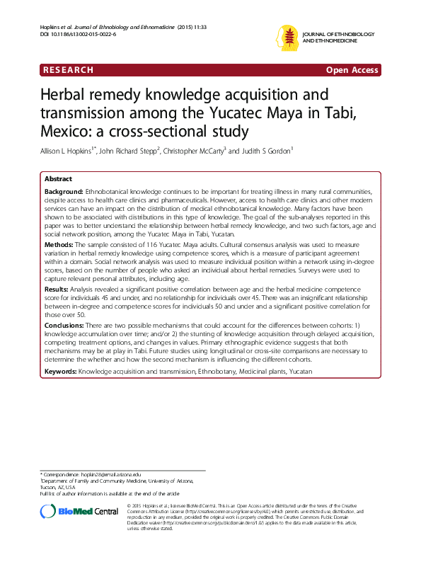 First page of “Herbal remedy knowledge acquisition and transmission among the Yucatec Maya in Tabi, Mexico: a cross-sectional study”