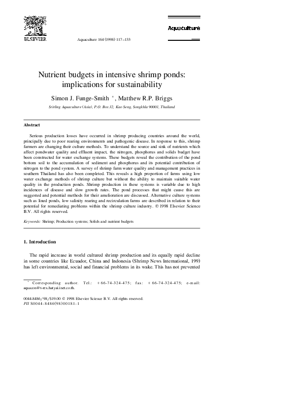 First page of “Nutrient budgets in intensive shrimp ponds: implications for sustainability”