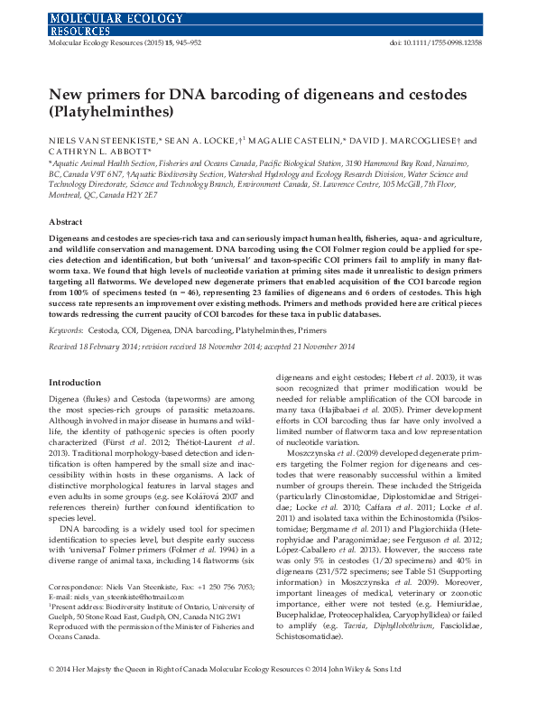 First page of “New primers for DNA barcoding of digeneans and cestodes (Platyhelminthes)”