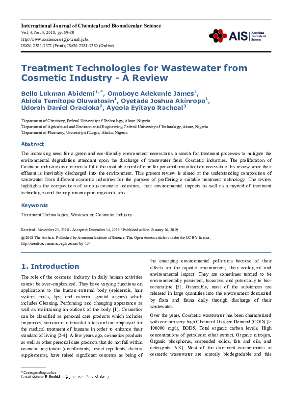 First page of “Treatment Technologies for Wastewater from Cosmetic Industry -A Review”