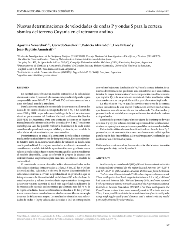 First page of “Nuevas determinaciones de velocidades de ondas P y ondas S para la corteza sísmica del terreno Cuyania en el retroarco andino”