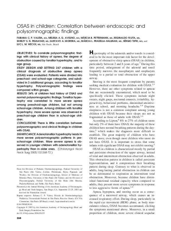 First page of “OSAS in children: correlation between endoscopic and polysomnographic findings”