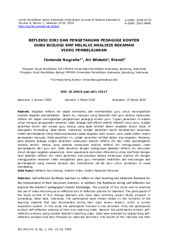 First page of “Refleksi Diri dan Pengetahuan Pedagogi Konten Guru Biologi SMP melalui Analisis Rekaman Video Pembelajaran”