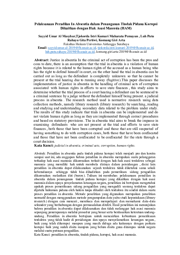 First page of “Pelaksanaan Peradilan In Absentia dalam Penanganan Tindak Pidana Korupsi dikaitkan dengan Hak Asasi Manusia (HAM)”