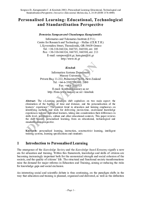 First page of “Personalised Learning: Educational, Technological and Standardisation Perspective”