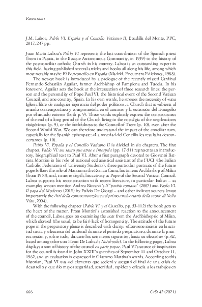 First page of “J.M. Laboa, Pablo VI, España y el Concilio Vaticano II, Boadilla del Monte, PPC, 2017,”