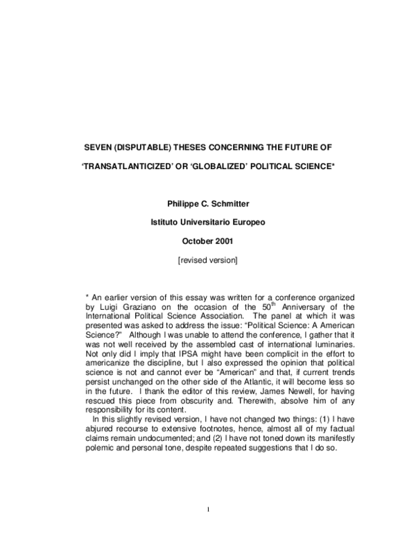 First page of “Seven (Disputable) Theses Concerning the Future of ‘Tranatlanticised’ or ‘Globalised’ Political Sciencea”