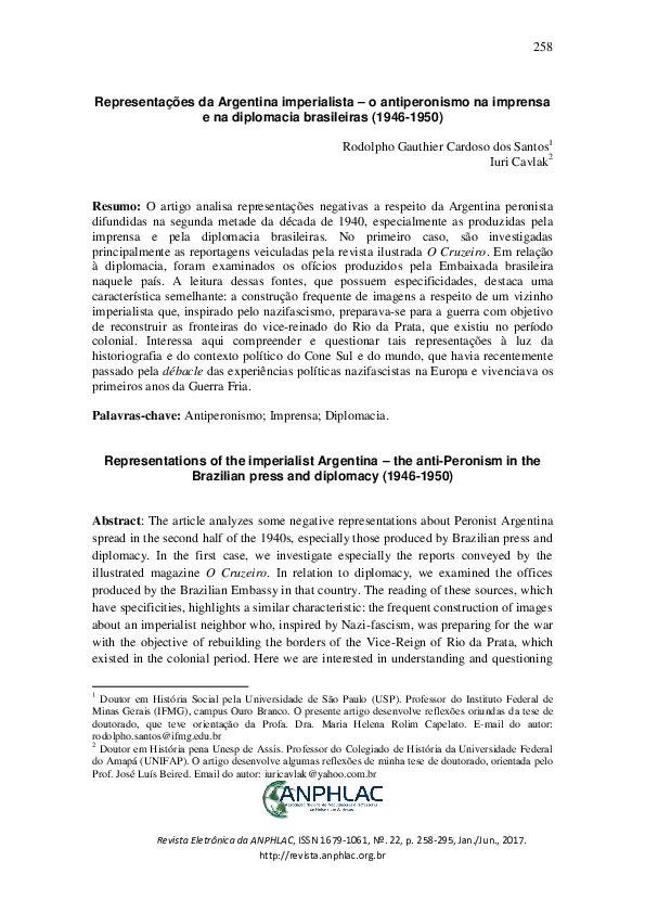 First page of “Representações da Argentina imperialista – o antiperonismo na imprensa e na diplomacia brasileiras (1946-1950)”