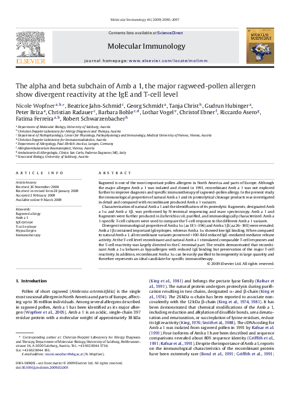 First page of “The alpha and beta subchain of Amb a 1, the major ragweed-pollen allergen show divergent reactivity at the IgE and T-cell level”